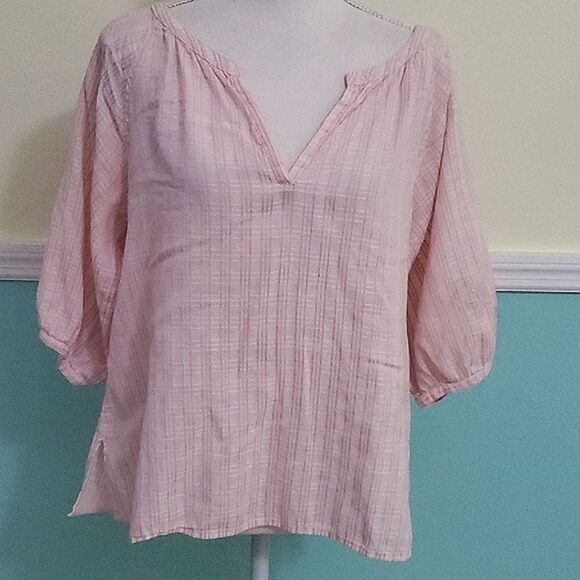 Talbots Boho Beachy Pink Stripes Split Neck 3/4 Balloon Sleeves Flowy Top - Picture 1 of 9
